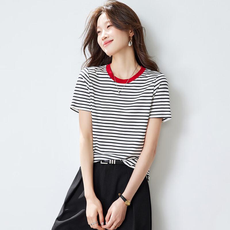 Srcr Women's Striped Mulberry Silk Short Sleeve T-Shirt