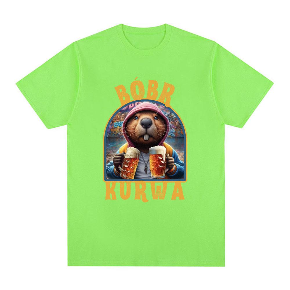 Bober Kurwa Bobr T-shirt Funny Beaver Drinking Beer Meme T shirt Men Women Fashion Hip Hop Loose 100% Cotton T shirts Streetwear