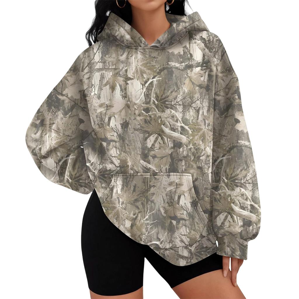 Women Loose Fit Hoodie Sweatshirt with Branch Pattern Print Long Sleeve Pullover Casual Sportswear Top with Front Pocket and Hood