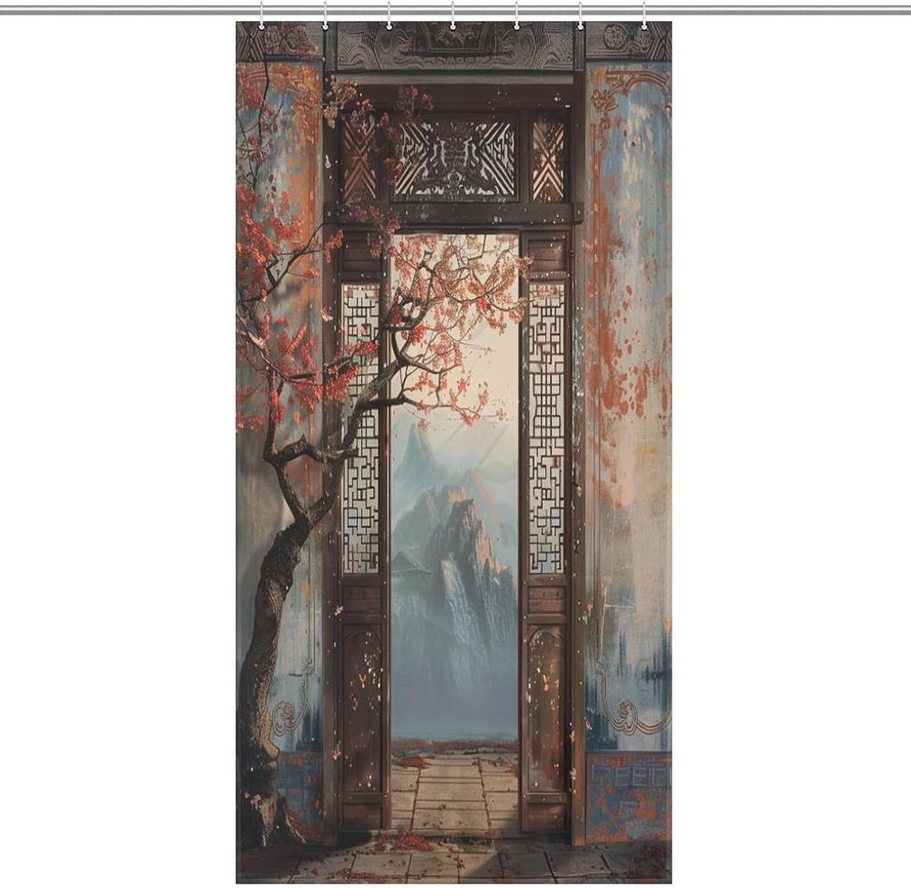 Chinese retro shower curtain, Japanese landscape shower curtain, waterproof polyester fiber shower curtain, customizable