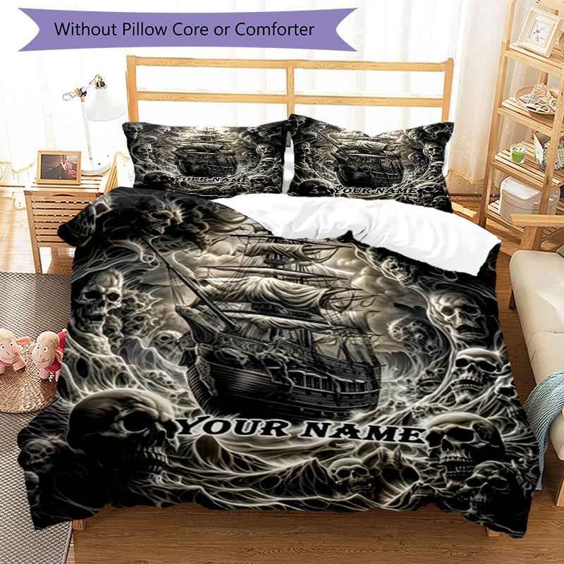 3pcs Custom Name Skeletal Ship Adventure Bedding Set Printed Bedding Set Duvet Cover Closure Includes 1 Duvet Cover & 2 Pillowcases Bedroom Decor