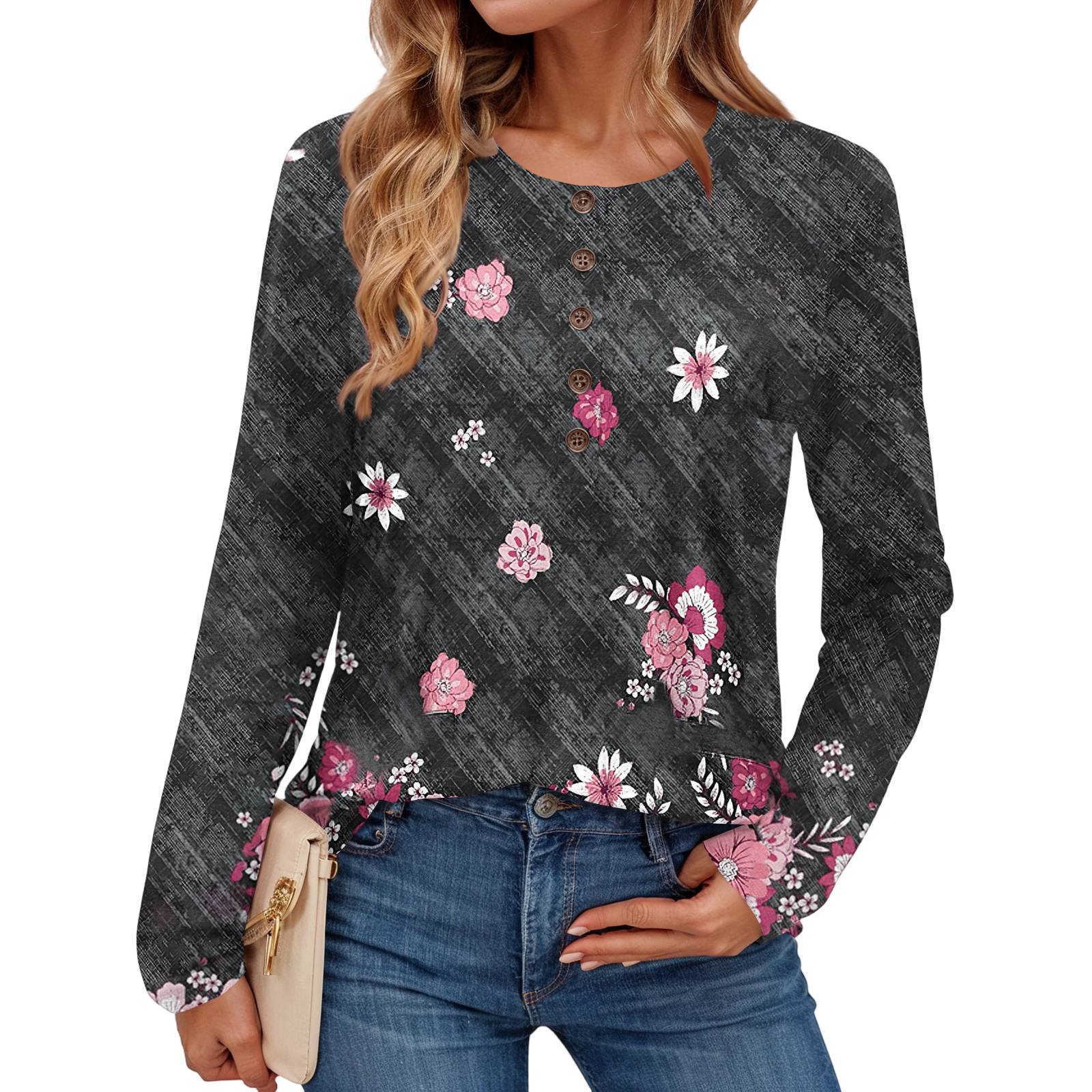 

Women s Fashionable Vintage Floral Print Round Neck Long,sleeved Top S