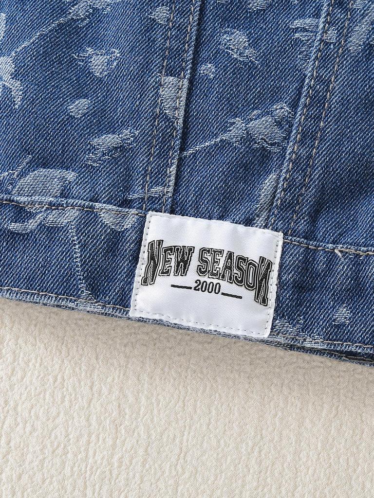 Girls' Two-Piece Casual & Stylish Vacation Outfit: Versatile Denim Vest with Allover Rose Texture Print, Paired with Matching Trendy Denim Shorts