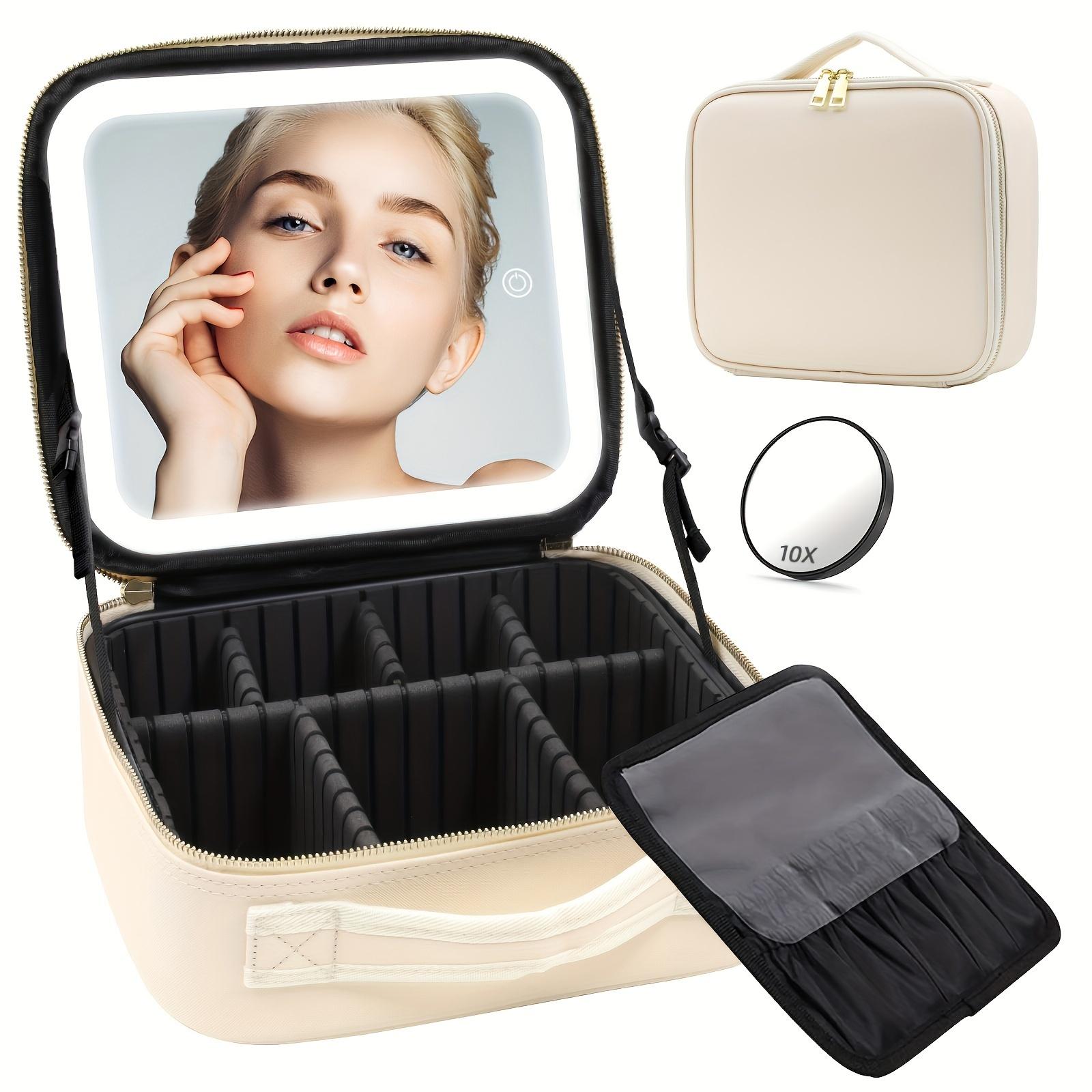 

Дорожная косметичка с зеркалом со светодиодной подсветкой, косметичка для путешествий с регулируемыми разделителями, съемное 10-кратное увеличительное зеркало M белый