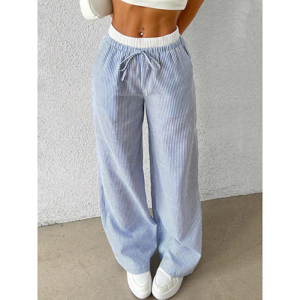 2025 New Amazon European and American Cross-border Women's Fashion Stripe Plaid Insert Color Loose Wide Leg Pants Casual Pants