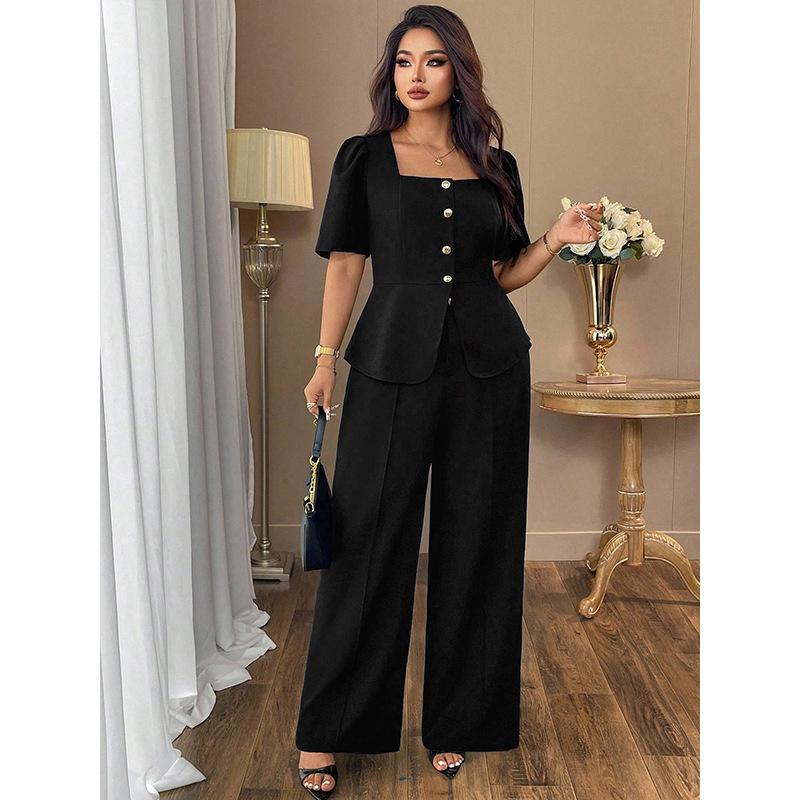 Completo da Donna Taglie Forti: Top Monocolore Girocollo Aderente con Cintura, Pantaloni a Gamba Dritta, Top con Maniche a Sbuffo, Pantaloni Ampi e Drapé