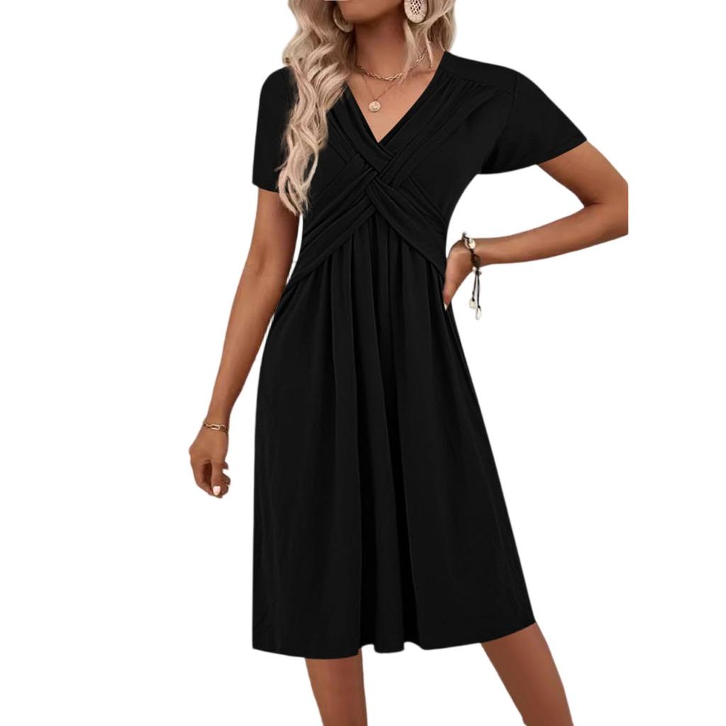Women's Short Sleeve Dress Casual Plus Size V Neck Dress Flowy Beach Sundress With Pockets