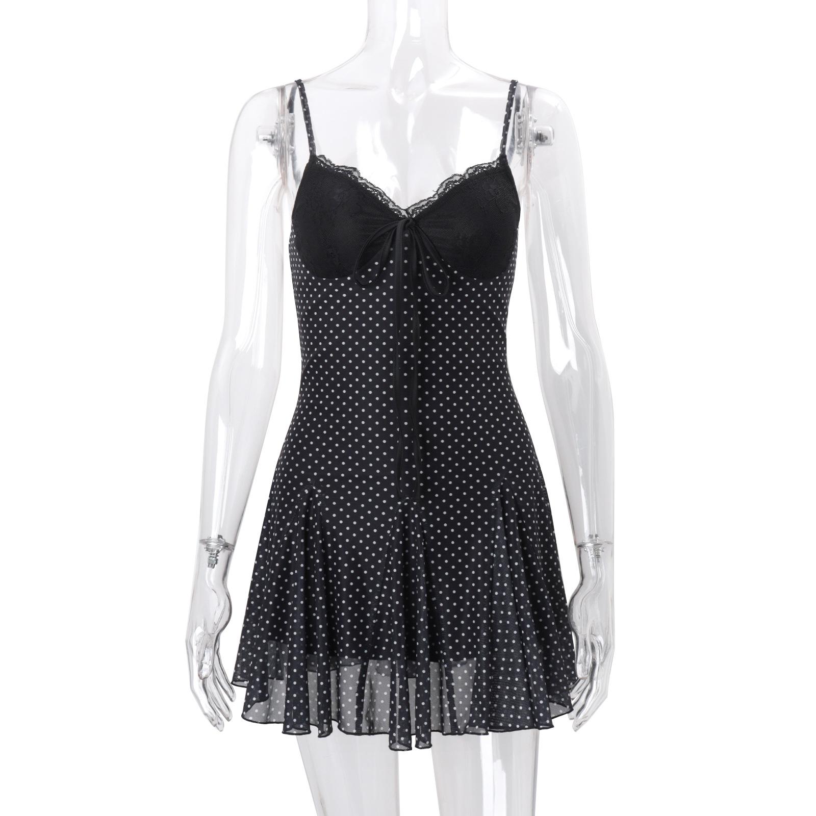 European and American spring women s clothing new sexy temperament lace edge polka dot perspective lace-up neck dress S чёрный
