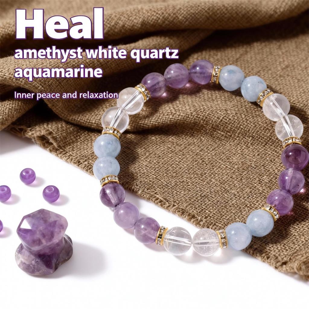 Festive Gifts Amethyst Aquamarine Clear Crystal Beaded Bracelet Natural Spiritual Fashion Jewelry For Women Daily Wear Gift Ideal For Clarity