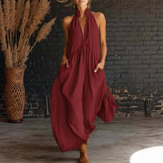Maxikleid für Damen Lässig Locker V-Ausschnitt Ärmellos Boho Langkleid Strandurlaub Fließendes Sommerkleid mit Taschen