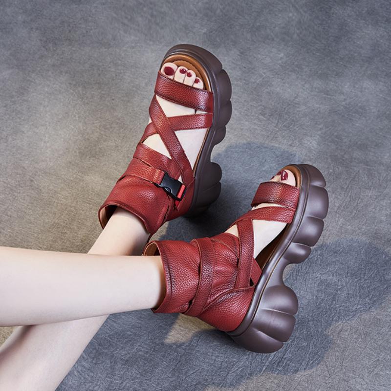 Johnature Roman Style Thick Sole Sandals Women's Shoes Genuine Leather Peep Toe Thick Heel Platform Sandals