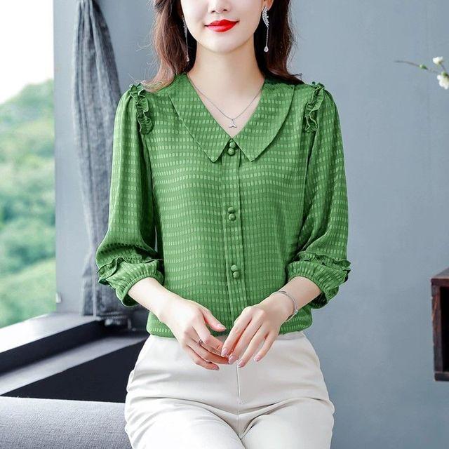 Mom's 3/4 Sleeve Blouse Solid Color Women's Shirt Summer New Doll Collar Chiffon Bottoming Top M-4XL