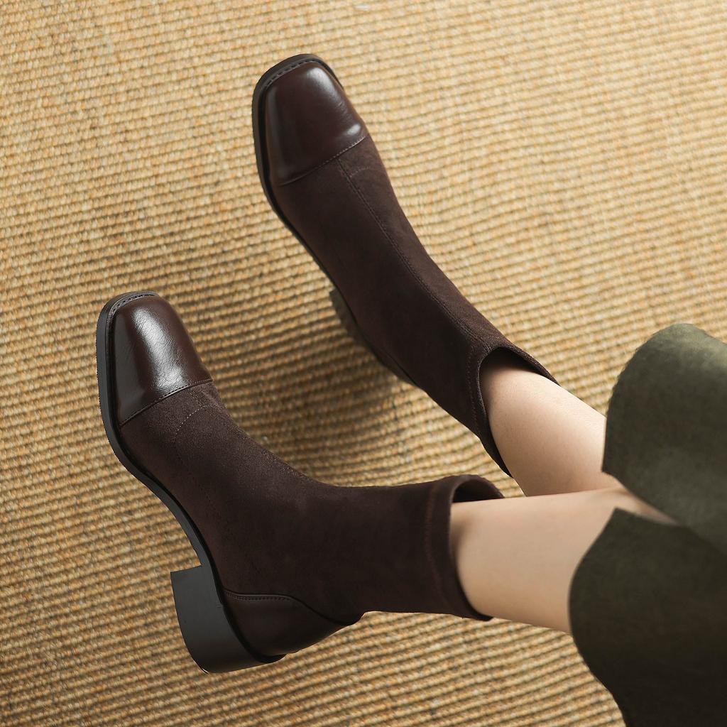 Krazing Pot Microfiber Flock Autumn Winter Shoes Thick Med Heels Size 43 Elastic Boots Stretch Patch Work Ankle Boots