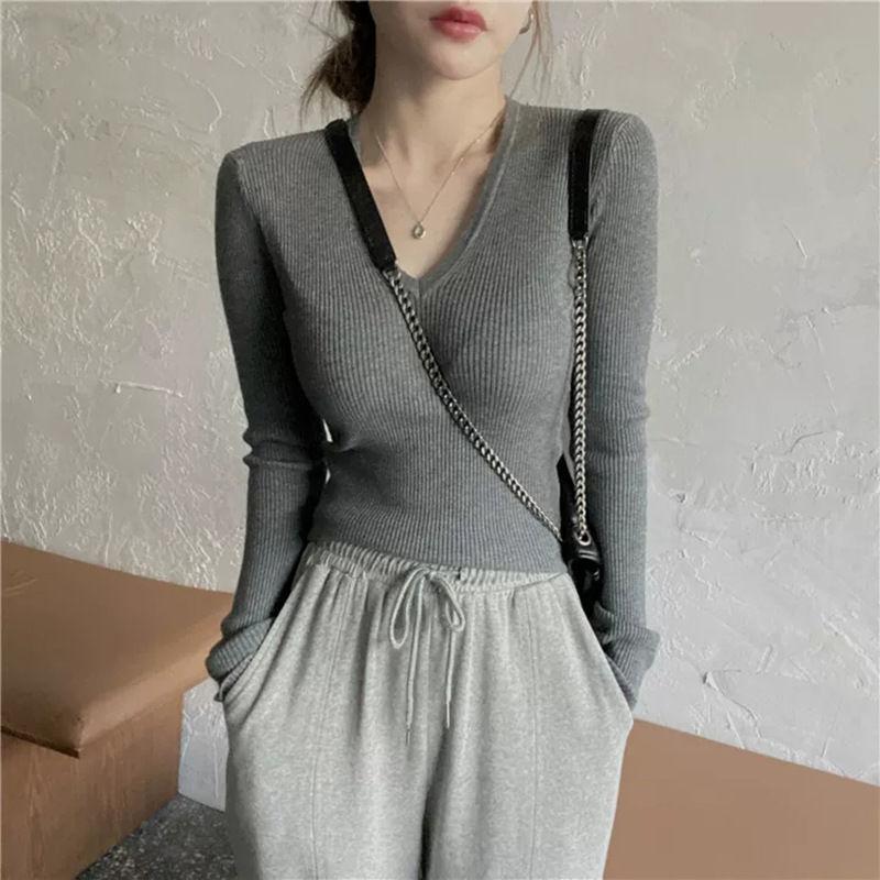Plus Size High-end V-neck Knitwear Women's Autumn Winter Slim Fit Slimming Long Sleeve Inner Base Layer Top