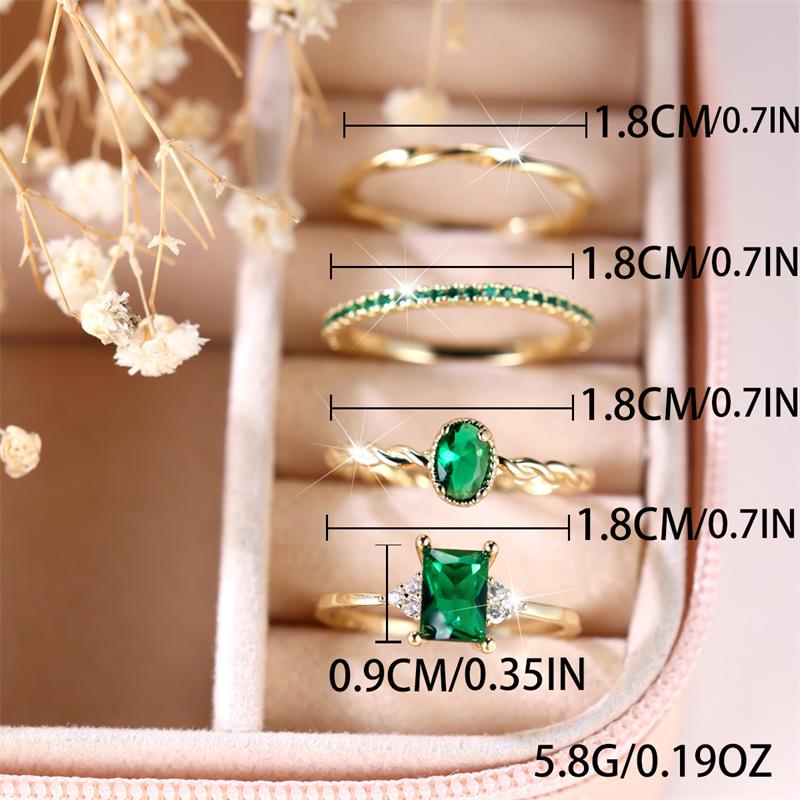 4pcs Female Green Zircon Stone Ring Set Trendy Yellow Gold Color Engagement Cute Bride Wedding Jewelry Gift For Women