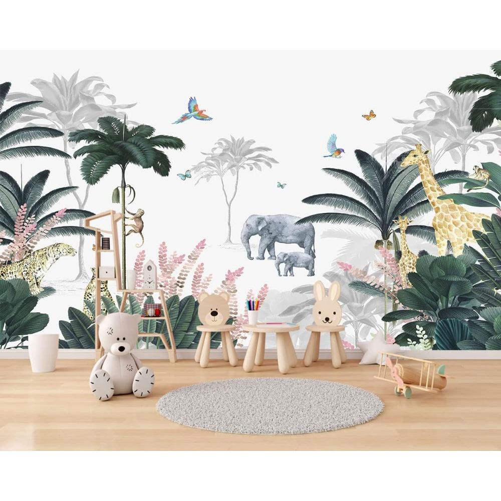 Jungle Animal Wall Mural Tropical Palm Tree Wallpaper for Room Decor
