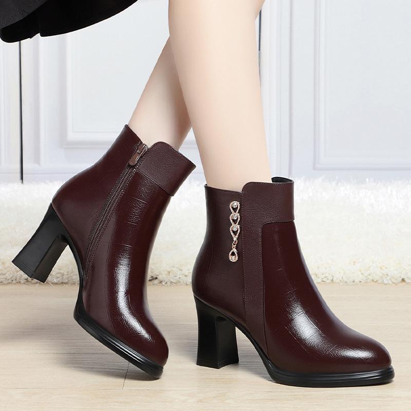 Autumn/Winter 2023 Chunky Heel Ankle Boots - Warm Fleece-Lined Leather Shoes for Middle-Aged Women