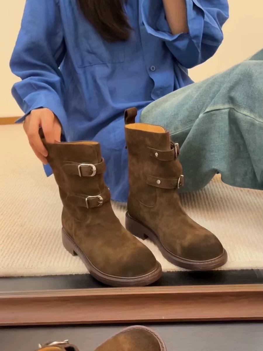 

Sheepskin version~ Maillard Lazy Wind Belt Buckle Rub Color Round Head Western Cowboy Boots Women s Coarse Heel Short Boots Martin Boots 40