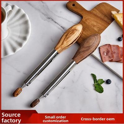 Walnut Acacia Wood BBQ Tongs 9in/12in Stainless Steel Food Clip for Grilling, Cooking, Serving