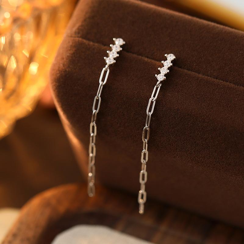 925 Sterling Silver Chain Tassel Zircon Earrings for Women  Temperament Plated 14K Gold Korean Earrings серебряный