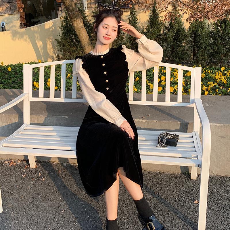 Xiaoxiangfeng Fake Two-piece Velvet Dress for Women's Autumn and Winter New High-end French Temperament Slim Skirt