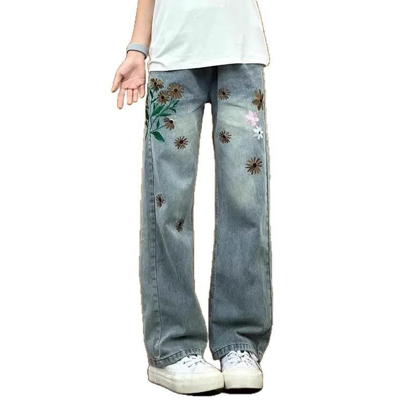 Cleanfit Floral Embroidered Jeans Men Women Slim Flared Streetwear Denim Pants