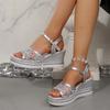 Fashion Women's Fashion Silver Wedge Heel Sandals Summer Shiny Crystal Platform Sandals Woman Breathable Mesh Thick Sole Sandalias Mujer