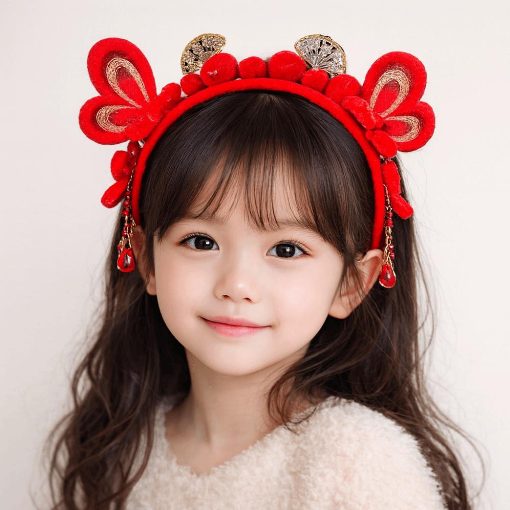 Headwear New Year Hair Hoop Embroidered Bow Ancient Style Hairband Cute Red Plush Headband  Gift