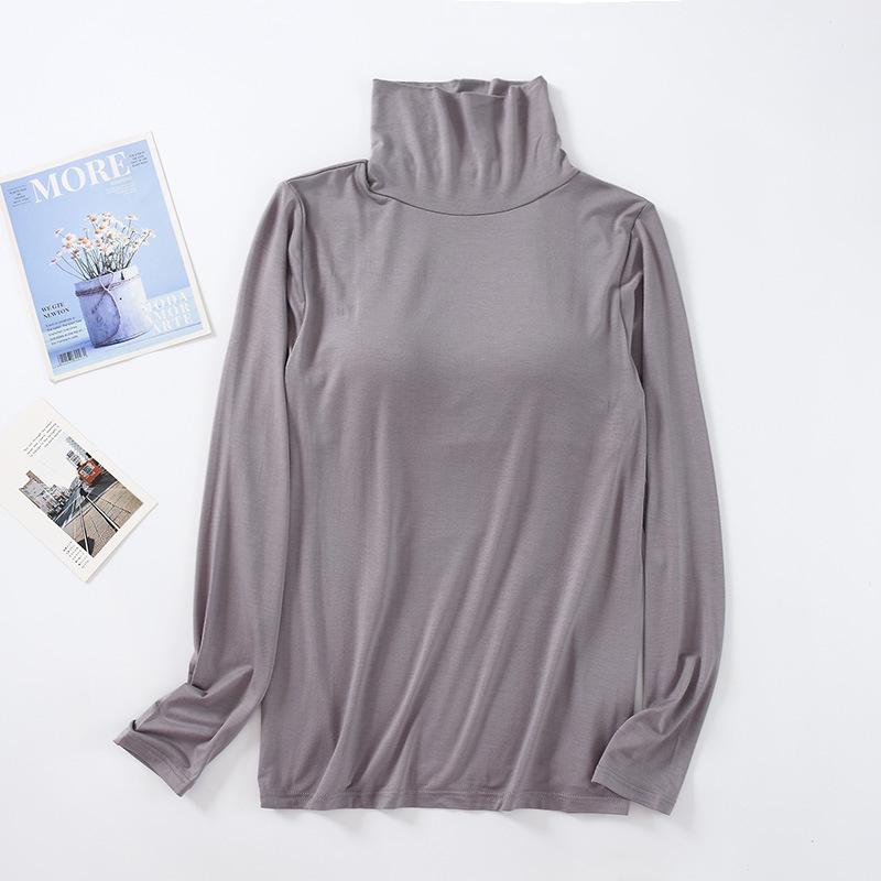 Modal Padded High Neck Long Sleeve Slimming T-Shirt with Built-in Bra for Women - Autumn/Spring.