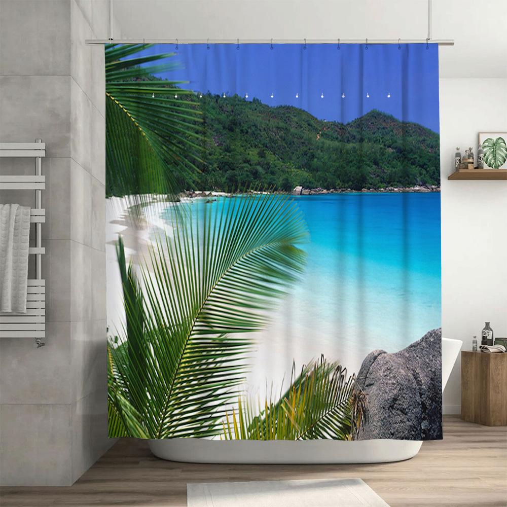 Luxury 3D Printing Shower Curtains With Beach Scene Waterproof, Washable Fabric Bathroom Decor Available In Custom Sizes For You