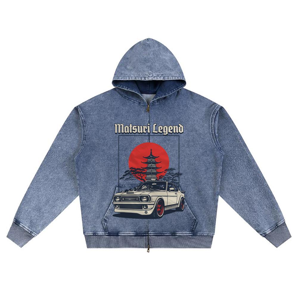 DTG print Knitted Denim Zip-Up Hoodie Matsuri Legend Brother Print Zipper Hoodies  