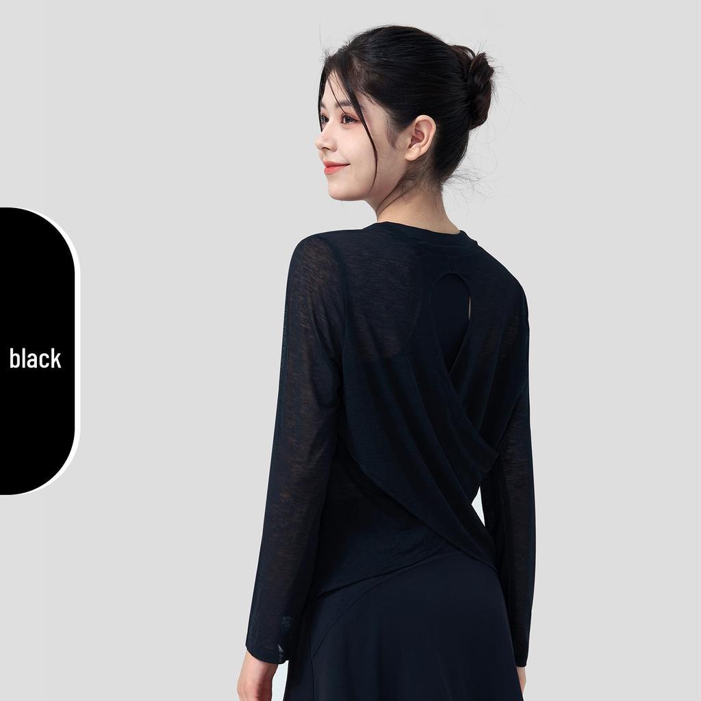 Women's Bamboo Yarn Quick-Dry Long Sleeve Yoga Top with Back Cross Design