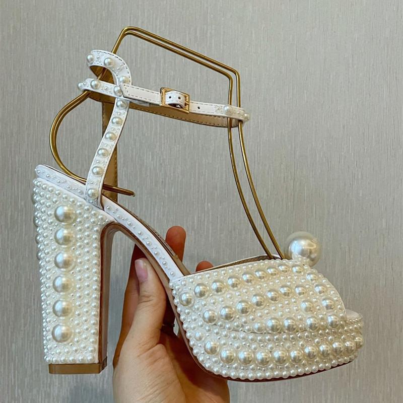 

Fully Handmade Luxury Pearls Thick Heeled Peep toe Women Sandals Summer Fashion Platform Wedges High heels Wedding Banquet Shoes 35