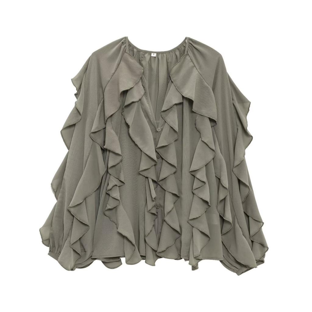 VAYLA Summer Sexy Women's Translucent Ruffles Blouses Fashion V-neck Single Breasted Tierred Causal Tops Beach Style Solid Shirts