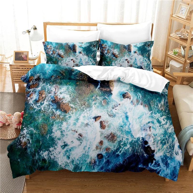 Sea Wave Duvet Cover King/Queen Size 3D Blue Ocean Spray Waves Bedding Set for Kids Teens,Azure Seawater Soft Comforter Cover