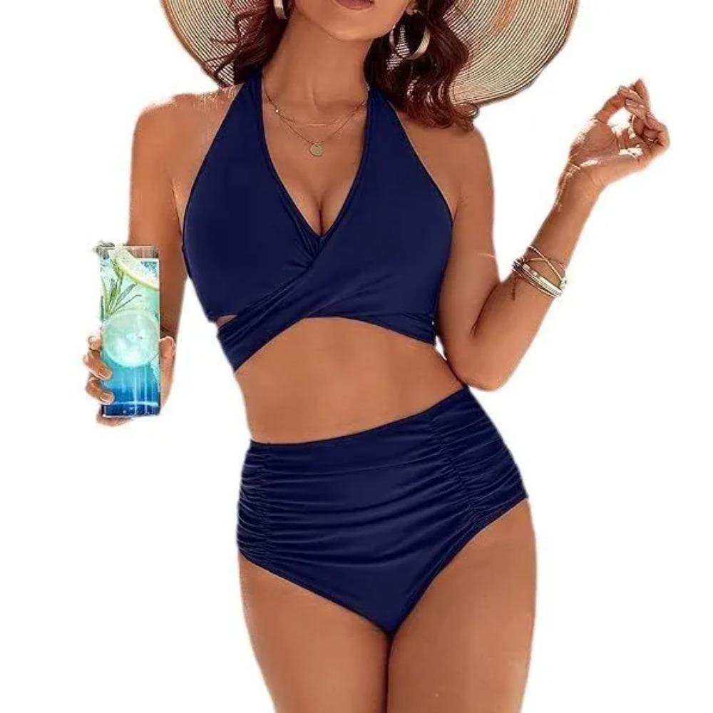 2025 New European Beautiful Women's Belly Swimsuit Moderate High Waist Bikini Suit Cute Neck Swimsuit