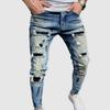 Men Jeans Ripped Whitewashed Multi Pockets Bottoms Skinny Washable Denim Pants Streetwear