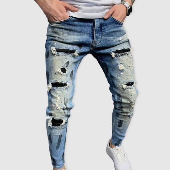 Men Jeans Ripped Whitewashed Multi Pockets Bottoms Skinny Washable Denim Pants Streetwear