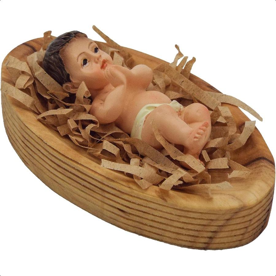 

Гипсовый младенец Иисус ручной работы 2,3 дюйма, лежащий в яслях из оливкового дерева (3,3 дюйма) Вырезано талантливыми художниками в Вифлееме (№01) United States