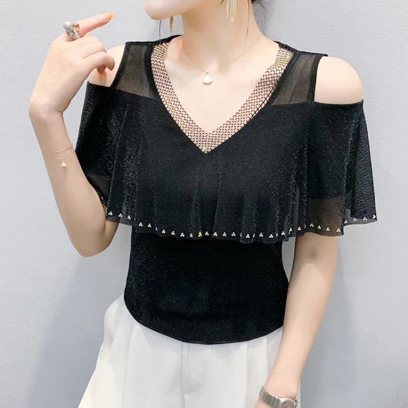New Korean Summer Women's T-Shirt Hot Diamonds V-Neck Bling Tees Fashion Short-Sleeve Sexy Off The Shoulder Tops