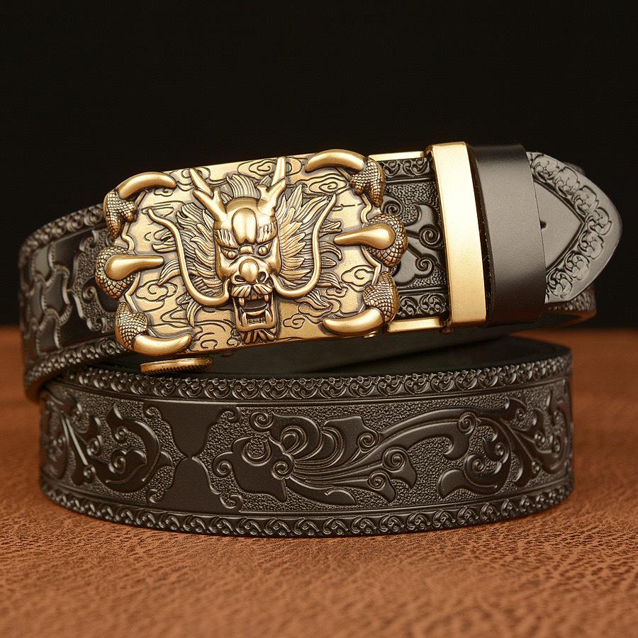New Men's Embossed Dragon Head Genuine Leather Belt with Automatic Buckle