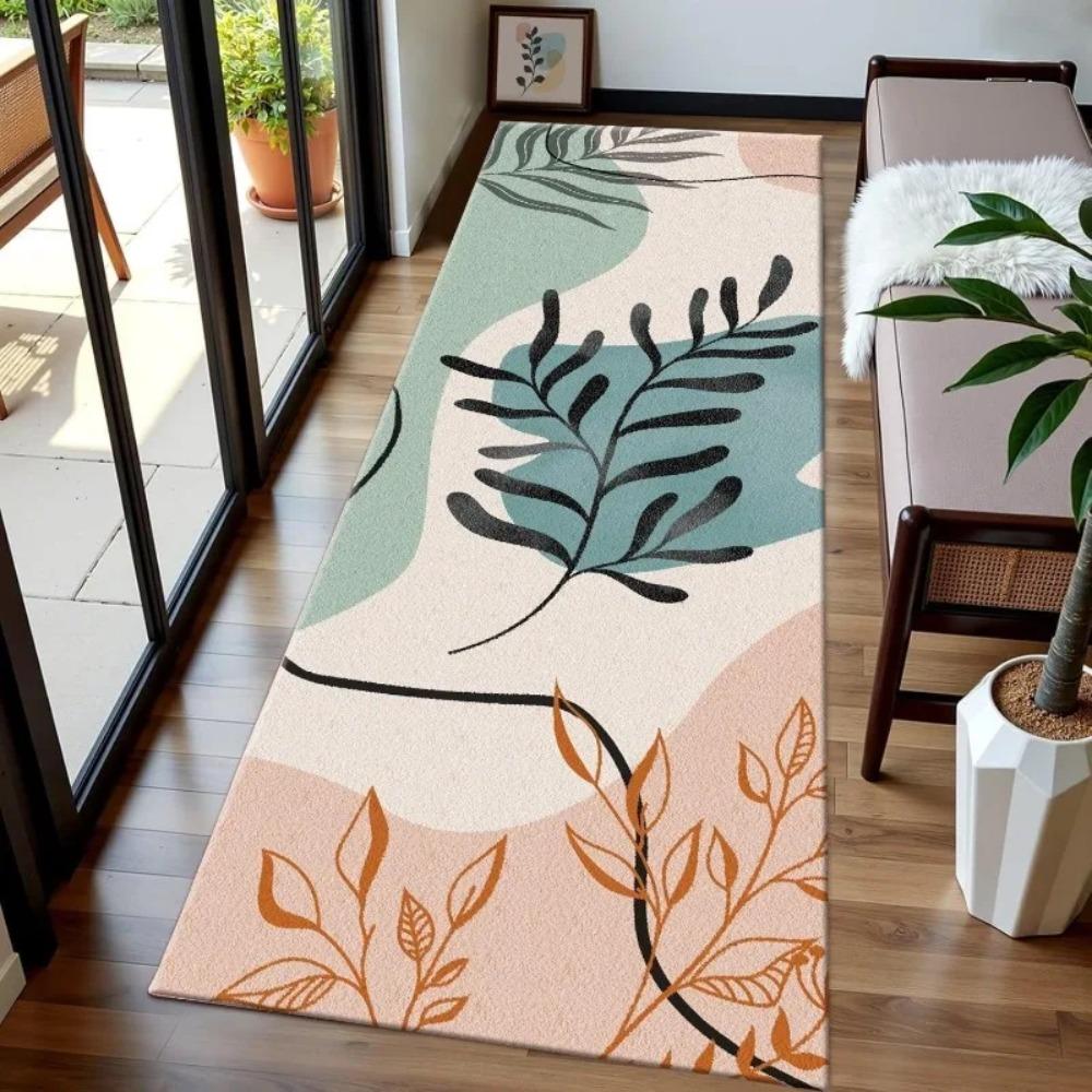 Minimalist Plant Themes Runner Rug Geometry Line Leaf Print Non-Slip Soft Mat Modern Abstract Home Decor Carpet for Hallway