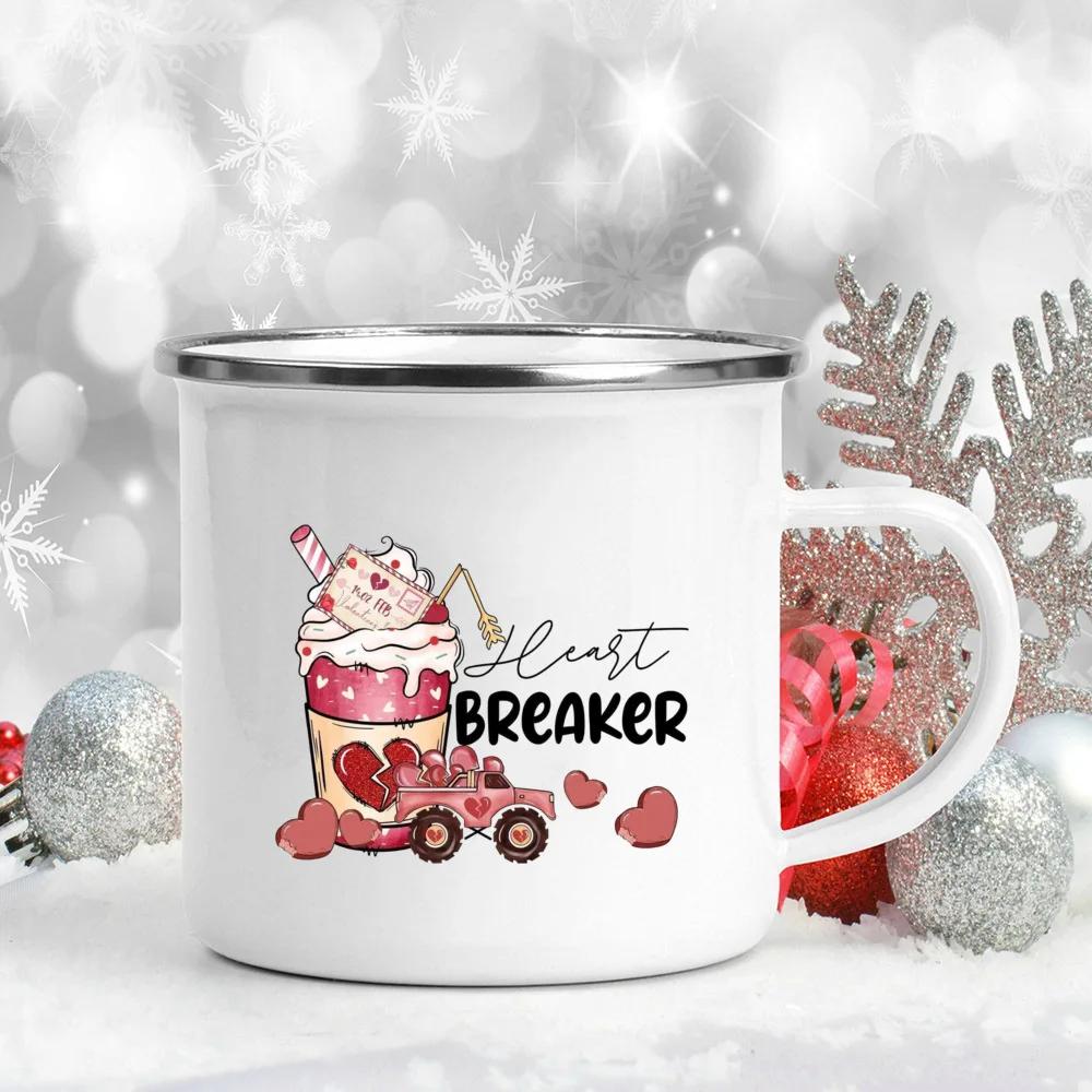 Love Heart Printed Camping Mug Valentine Party Juice Milk Cup Coffee Cups Enamel Mugs Valentine's Day Gifts for Family Friends