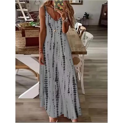 Women's Casual Loose V-neck Tie Dye Printed Spaghetti Maxi Dress Summer Beach Vacation Long Dress