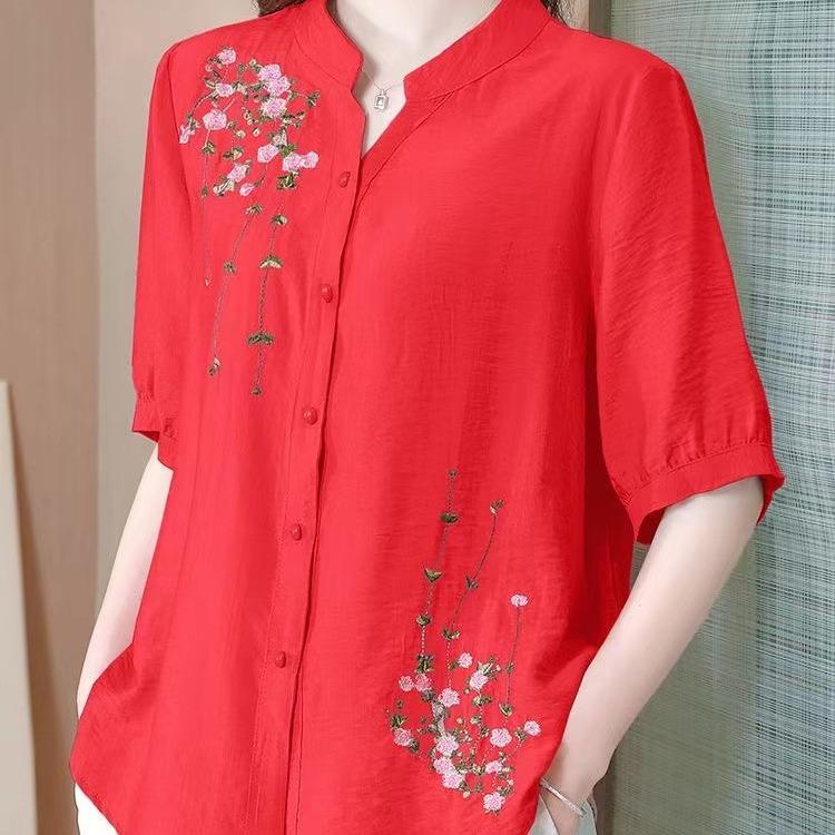 Fashion Embroidered Short Sleeved Cotton Linen Top Women's Summer Shirts New Loose Cardigan Blouse Mother V-Neck Shirt Blaus 4XL