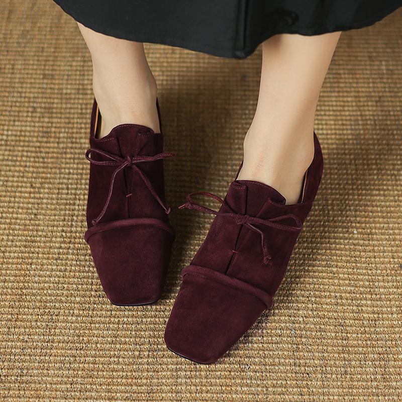 Fashion 2025 New Women Pumps Sheep Suede Leather Shoes for Square Toe Low Heel Shoes Casual Lace-up Handmade Shoes 34-42 Women Heels