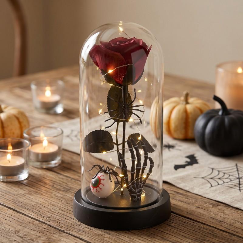 Halloween Decorative Preserved Flower Glass Dome With Black Rose Skull Ghost King Pumpkin Party Gift