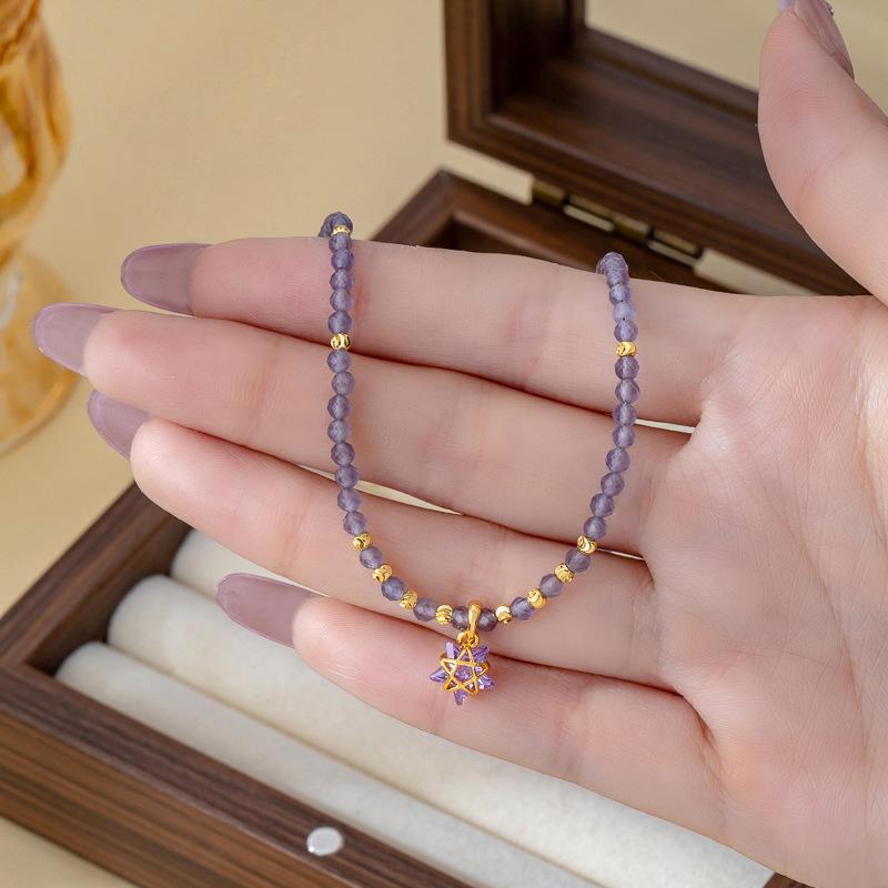 New Chinese Retro Exquisite Amethyst Beaded Five-star Pendant Necklace Fashionable Light Luxury Niche High-end Collarbone Chain