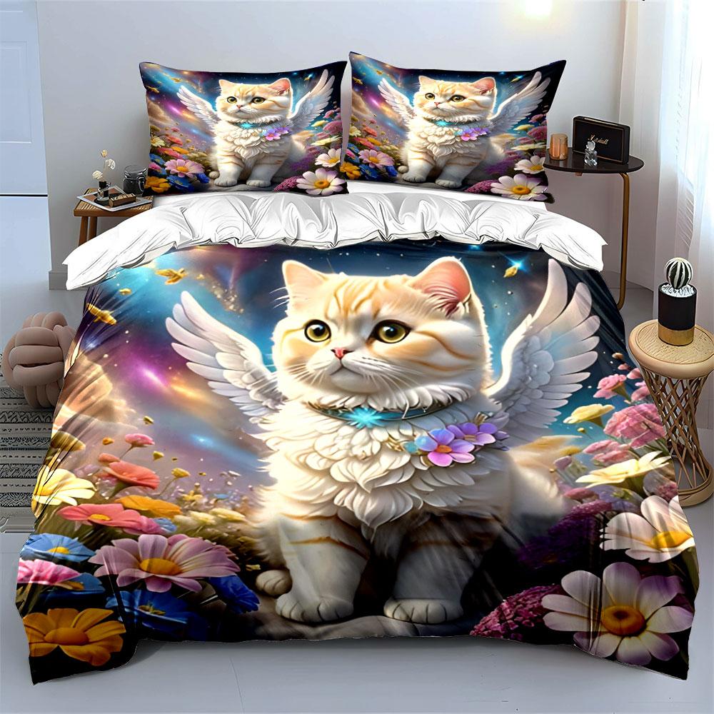 Angel Cat Three-Piece Fantasy Decor Exquisite Three-piece Bedding Set Gift for Kids and Adults