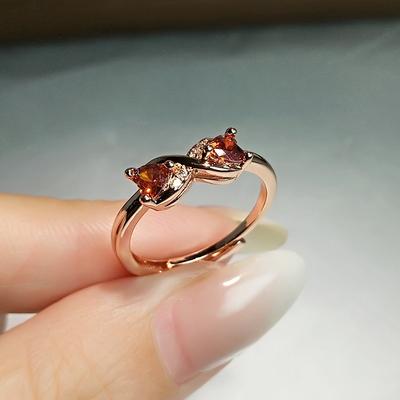 Delicate Double Diamond Pomegranate Red Heart Ring Women'S Double Heart Mobius Rose Gold Plated Love Living Ring